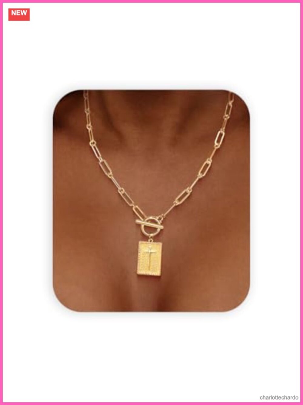 Chunky Gold Plated Cross Pendant Necklace Paperclip Chain Women Jewelry